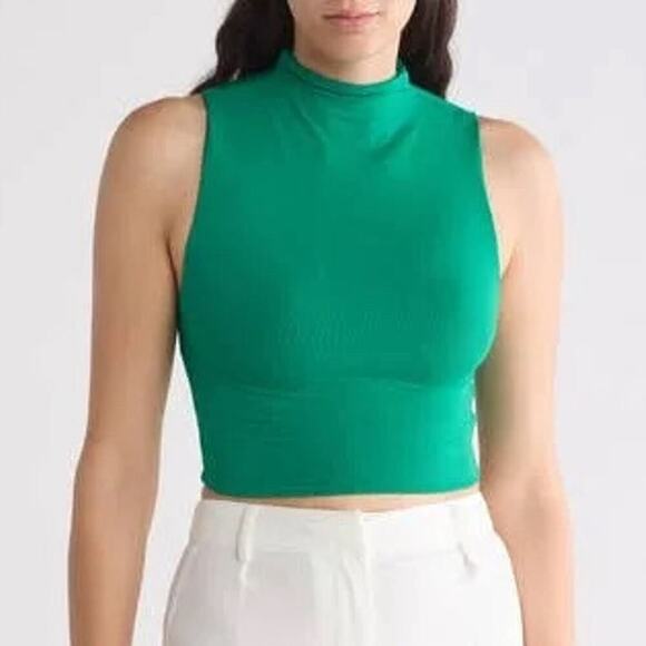Naked Wardrobe Mock Neck Sleeveless Crop Top In Kelly Green - Picture 1 of 4